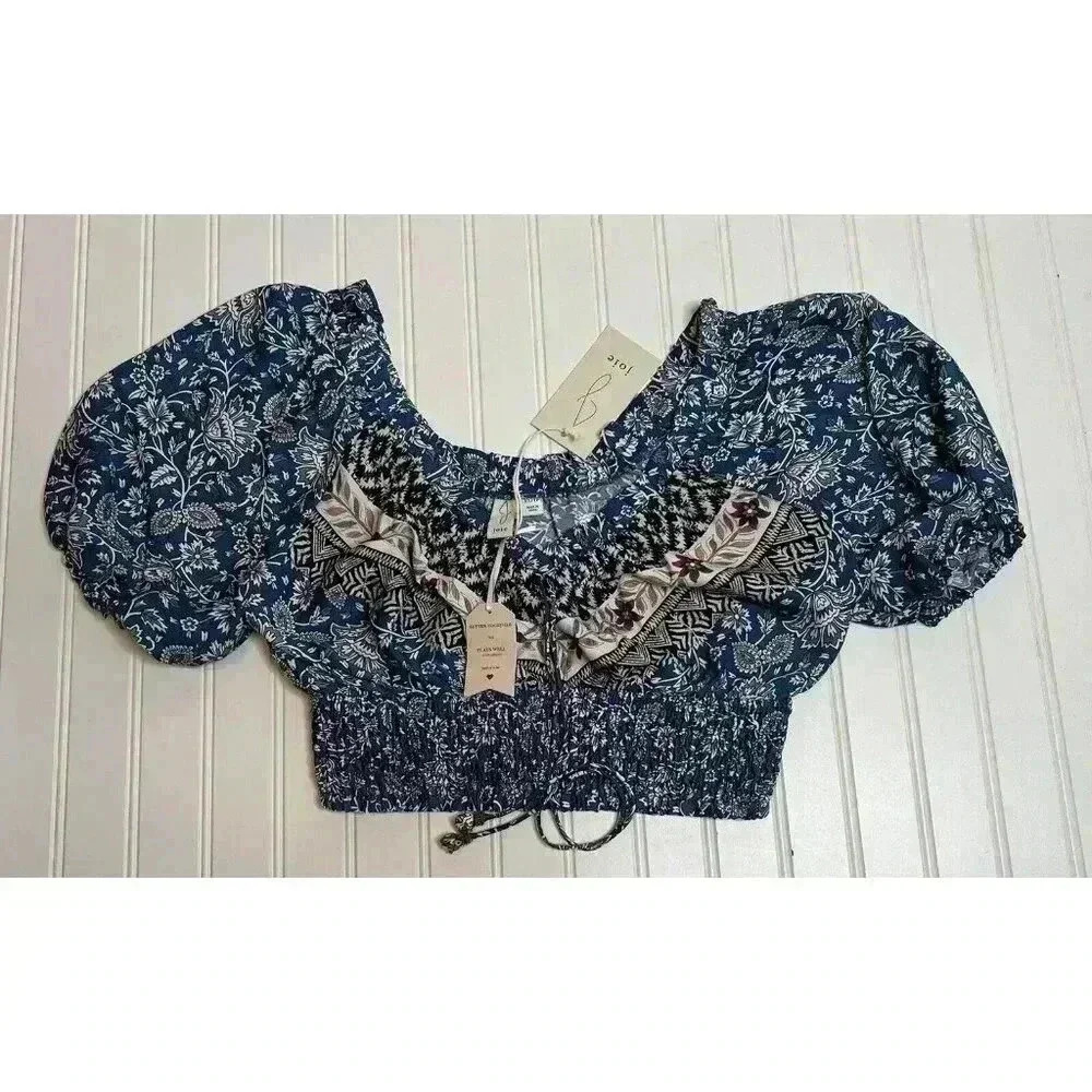 Joie Smocked Puff Sleeve Cropped Blouse Tassel Top XS NEW. 1255